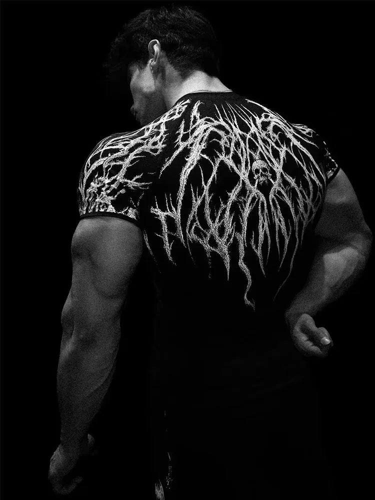 GYM T-shirt Men's Dark Gothic Print Muscle Tee High Elasticity And Quick Drying Exercise For Bodybuilding Training - Sun Studio