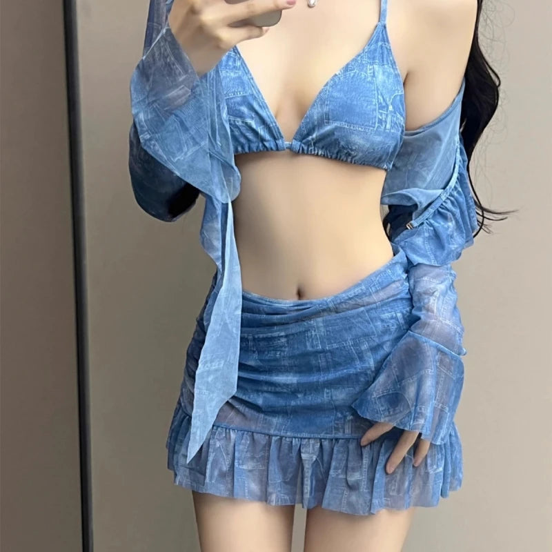 4 Pieces Swimsuit for Women Halters Swimming Suit Long Sleeves Swimwear with Cover Up & Beach Skirt Summer Bathing Suit - Sun Studio
