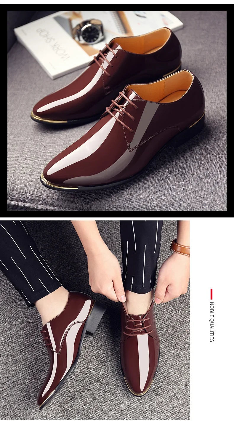 2024 New Men’s Patent Leather Shoes  British Style Men's Dress Shoes Lace Up Pointed Toe Wedding Business Party Social Shoe Male - Sun Studio