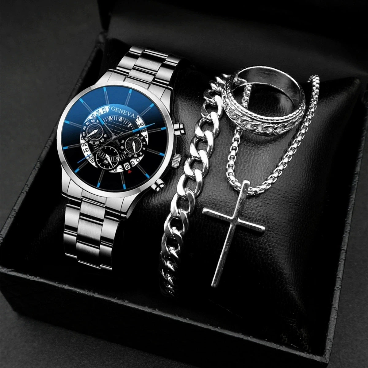 4PCS/Set Fashion Men's Watch Casual Gold Steel Band Analog Male Quartz Watches Jewelry Set（Without Box） - Sun Studio