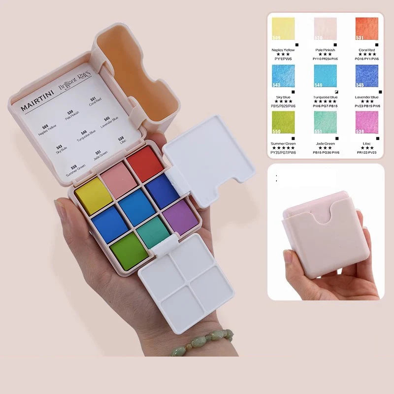 MAIRTINI Travel Watercolor Paint Set 9 Colors 100% Cotton Paper Mini Solid Water Color Paint With Palette Painting Supplies - Sun Studio