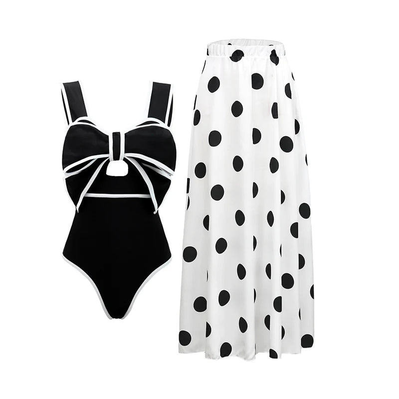 2024 Sexy Women's Swimsuit with Skirt One-Piece Swimwear Vintage Ruffle V Neck Cover Up Bikinis Set Beachwear Bathing Suit