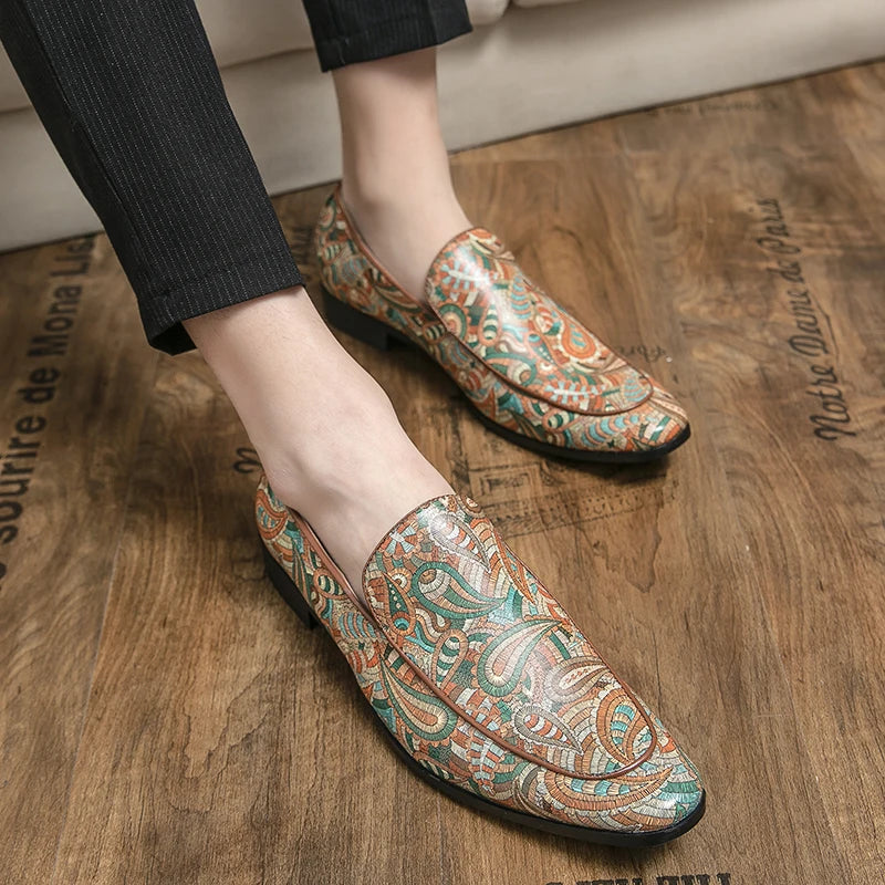 New British Style Fashion Trends Printed Leather Loafers Men Breathable Casual Shoes Men Slip-on Dating Driving Party Men Shoes - Sun Studio