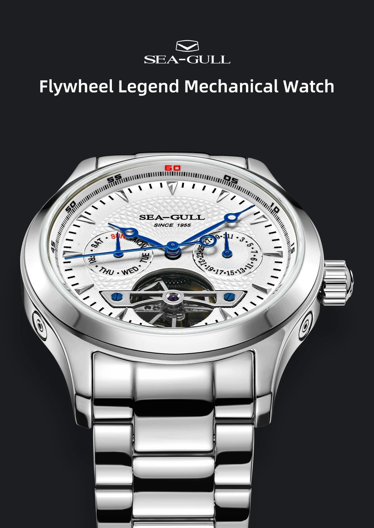 Sea-Gull Mechanical Men's Watch Hollow Flywheel Automatic Watch Multifunction 316L Stainless Steel Calendar Brand Watches M160S - Sun Studio