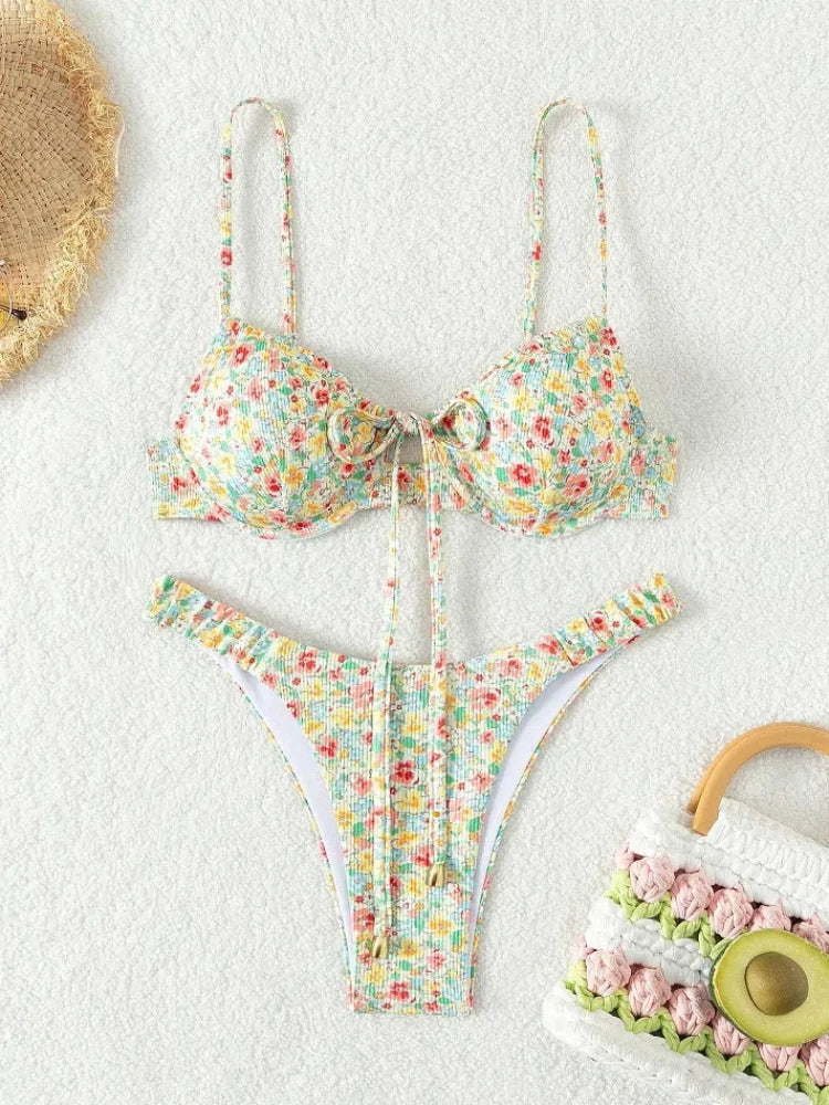 New Sexy Floral Print Push Up Bikini 2024 Women Swimwear Female Swimsuit Two Pieces Thong Bikini Set Bather Bathing Suit Beach - Sun Studio