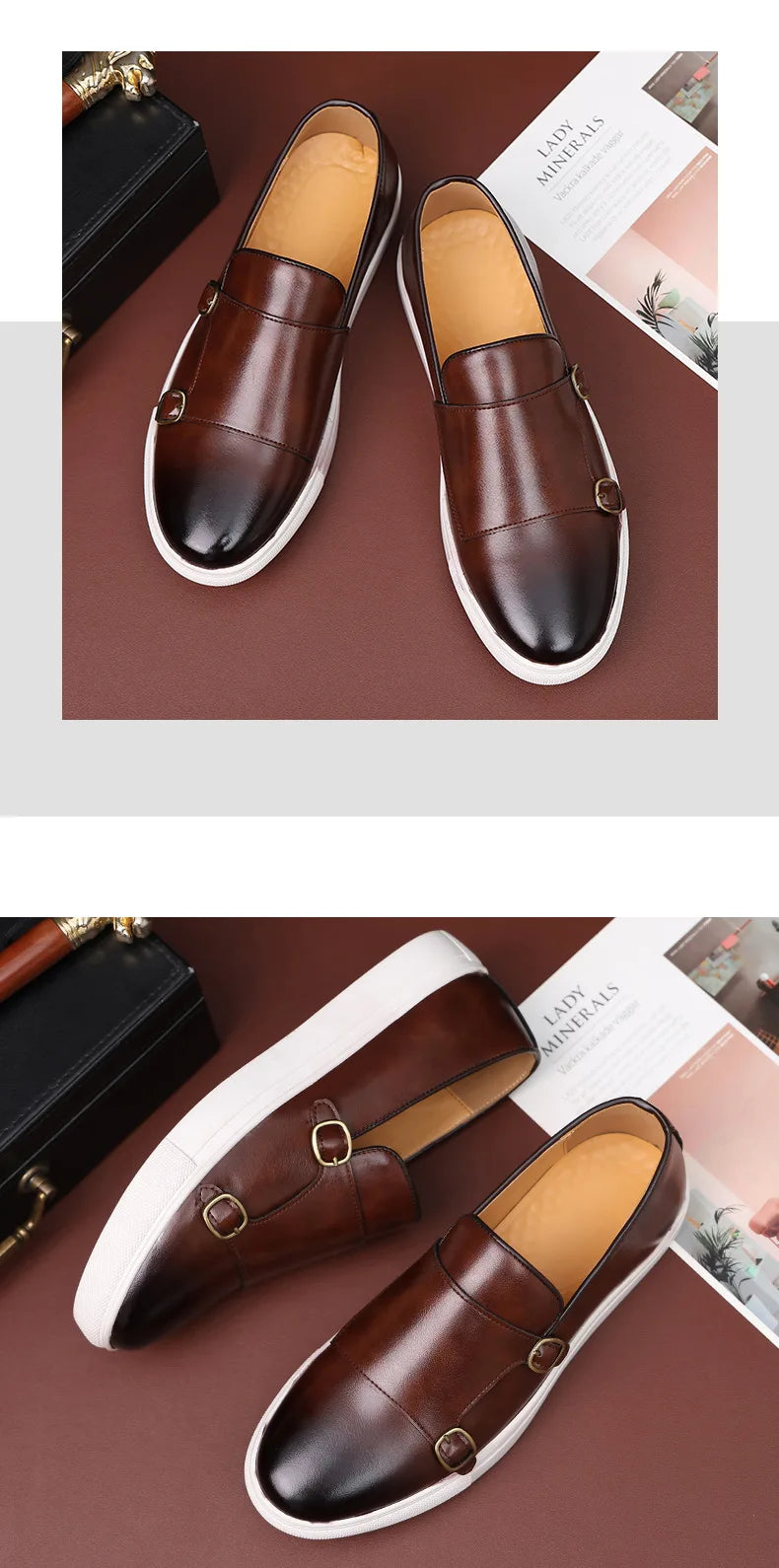 Fashion Man Casual Shoes Leather Men's Retro British Style Loafers Slip-on Outdoor Flats Double Monk Business Daily Shoe - Sun Studio