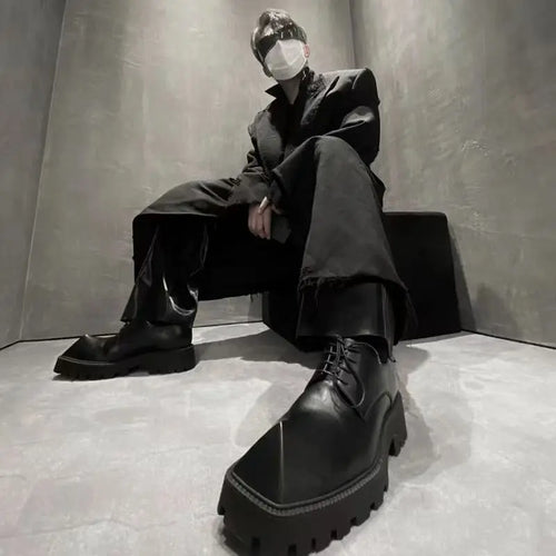 2025 Men's Big Head Leather Niche Design Casual Platform Rhino Horn Square Single Sneakers Derby Shoes - Sun Studio