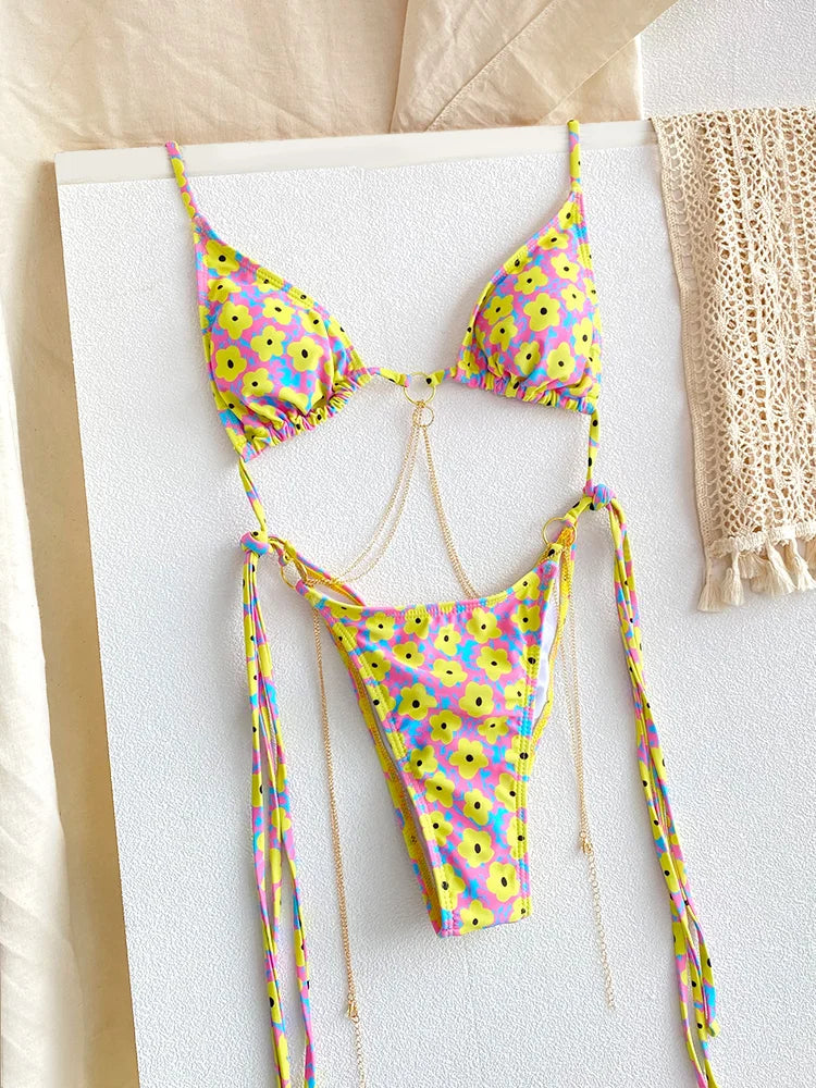 Sexy Triangle Chains Bikini Sets Micro Thongs Swimsuit Women Bathing Suit Biquini Bandage Beachwear Print Swimwear Thong Bikini - Sun Studio