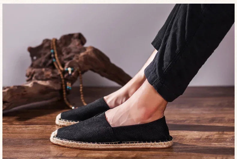 Women Sewing Flax Shoes Slip on Loafers Casual Shoes Man Espadrilles Hemp Canvas Flat Shoes Plus Size Fisherman Driving Footwear - Sun Studio