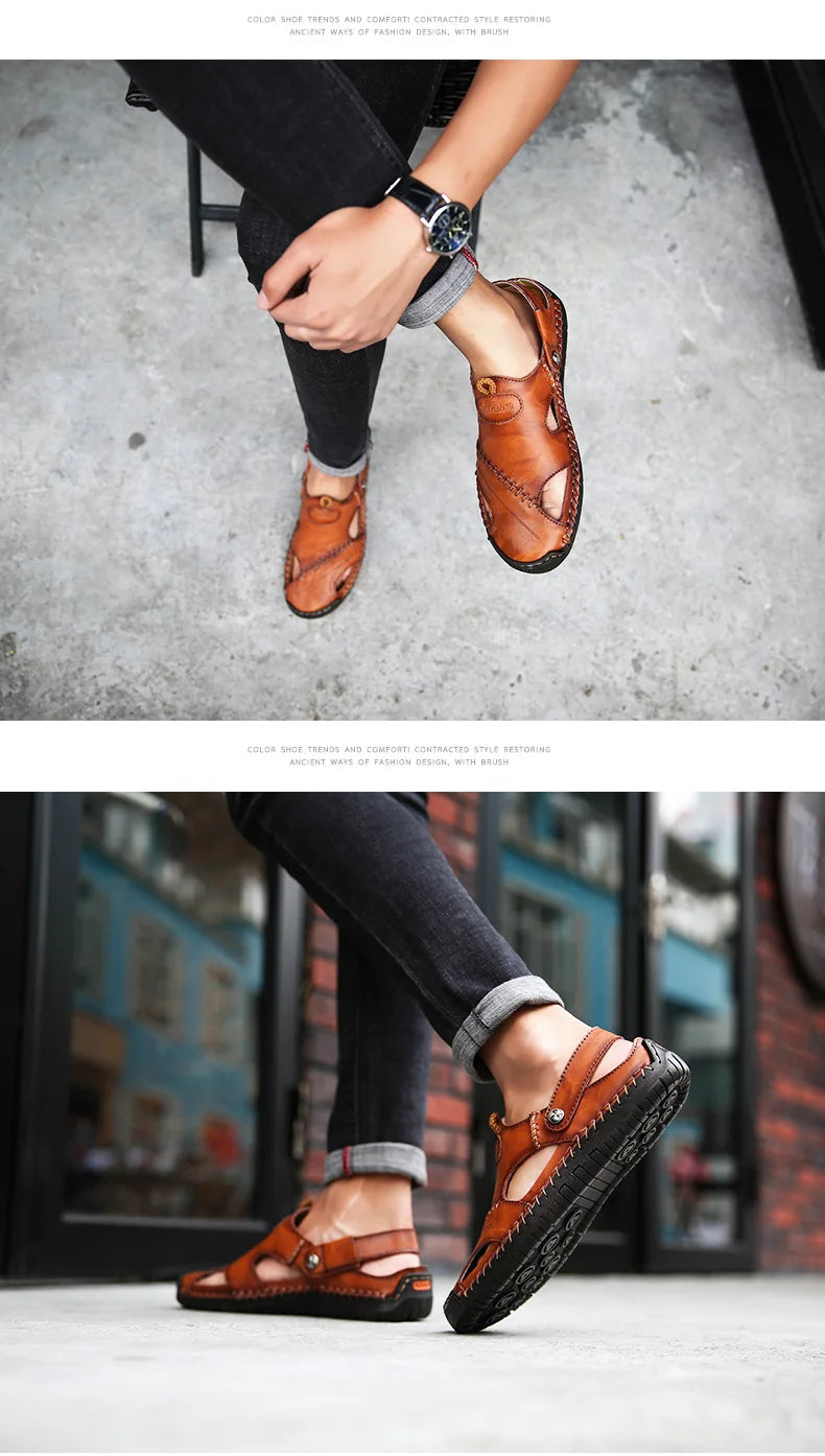 Large Size Men's Sandals Casual Leather Beach Shoes Breathable Slip-On Durable Stitched Construction Comfortable Walking Sandals - Sun Studio
