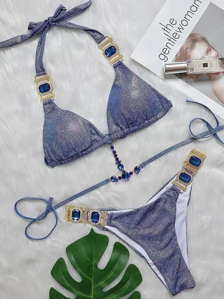 Halter Rhinestone Diamond Bikini Women Swimsuit Female Bikinis Metal Chain Swimwear Two Pieces Bikini Set Bathing Suit Swim Lady - Sun Studio