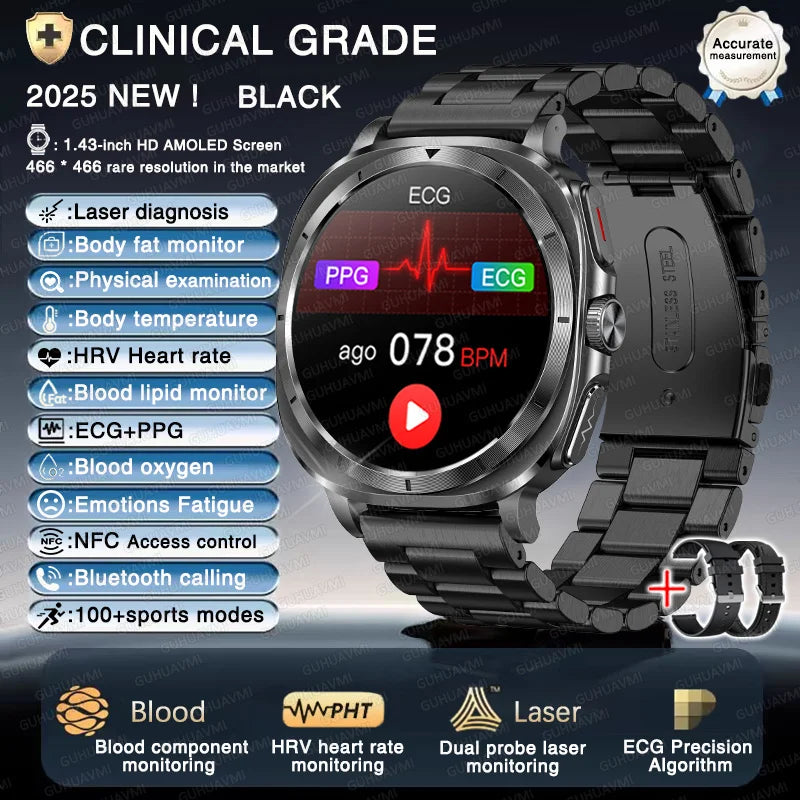 New ECG Laser Diagnosis Blood pressure Smart Watch Accurate Uric Acid Lipid Organ monitor Clock NFC Call Health Men Watches 2025 - Sun Studio