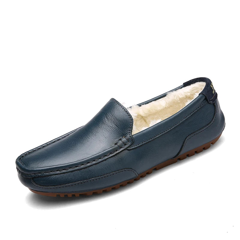 Winter Fur Loafers Men Casual Shoes Cotton Leather Dress Shoes Slip-on Flats Plush Man Moccasins Fleece Lined Driving Shoes