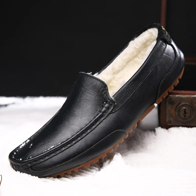 Winter Fur Loafers Men Casual Shoes Cotton Leather Dress Shoes Slip-on Flats Plush Man Moccasins Fleece Lined Driving Shoes - Sun Studio
