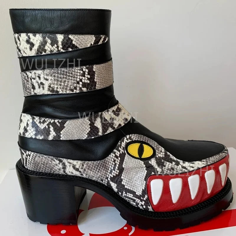 Men's Leopard Graffiti Teeth Totem Boots Black Leather Patent Leather Block Heels Thick Sole Zip Fashion Round Toe Shoes Street - Sun Studio