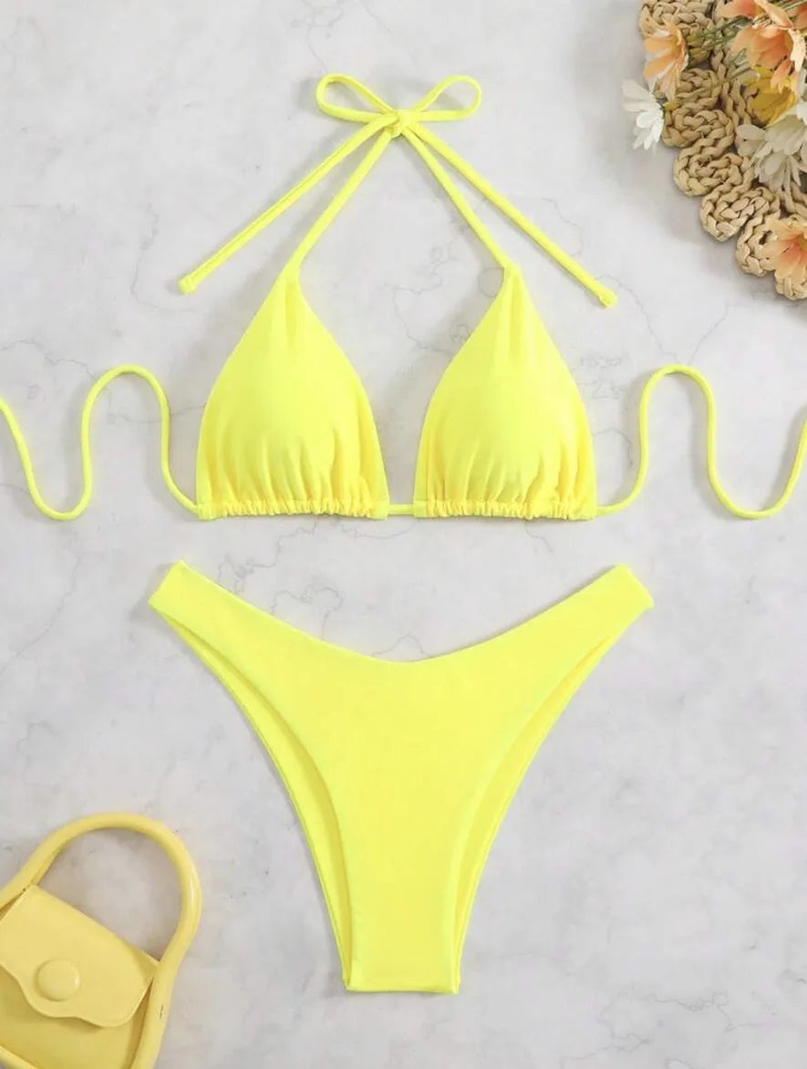 New Halter Bikini Women Solid Color Two-Piece Set Sexy Split Swimsuit Yellow Red Black Coffee White Pink Lace Up Bathing Suit - Sun Studio