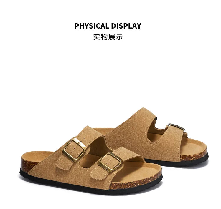 Summer Faux Suede Leather Cork Slippers Flip-flops Women Men Unisex Retro Wear Muller Slippers Fashion Casual Beach Sandals - Sun Studio