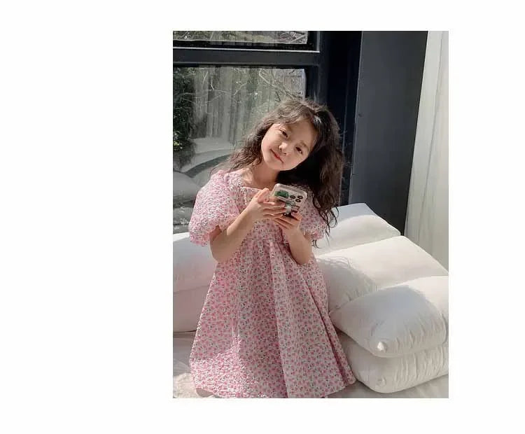 Girls Casual Dresses Floral Print Puffy Sleeves Dress Flower Girl Dresses Square Collar Clothes for Kids 3 To 7 Years - Sun Studio