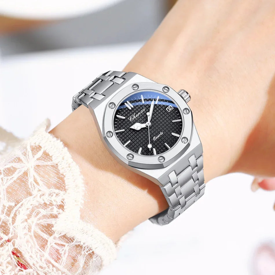 Luxury Women Watches Silver Steel Simple Casual Business Dress Watches for Women Top Brand Waterproof 3bar Calendar Gift Clock - Sun Studio