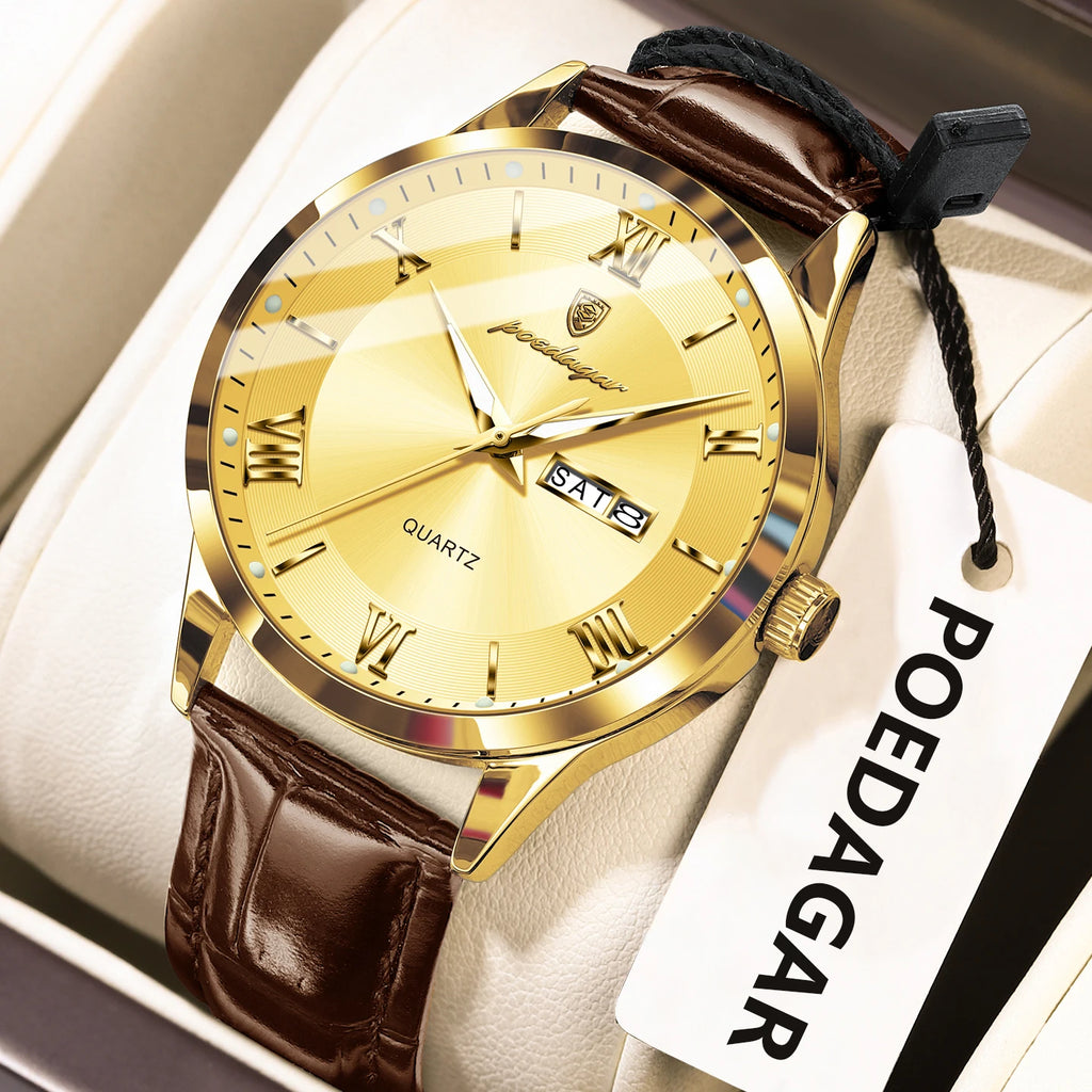 POEDAGAR Classic Luxury Men's Wristwatch Date Week Leather Business Man Watch Waterproof Luminous Fashion Quartz Watches For Men - Sun Studio