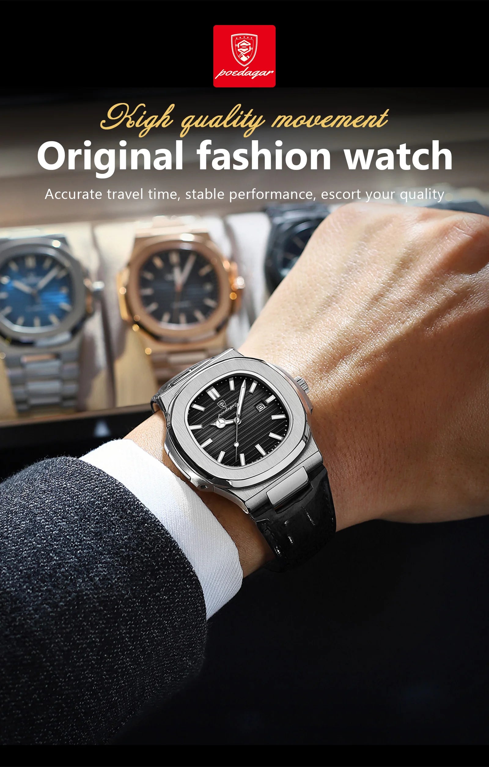 POEDAGAR Original Fashion Men's Wristwatch Date Waterproof Luminous Leather Watches For Men High Quality Square Quartz Man Watch - Sun Studio