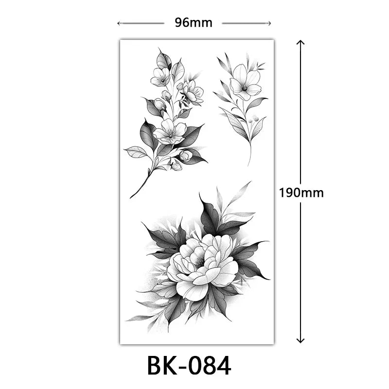 Rose Blossom Tattoo Temporary Waterproof Butterfly Fake Tattoo for Woman Black Flower Sketch Tattoo Sticker
