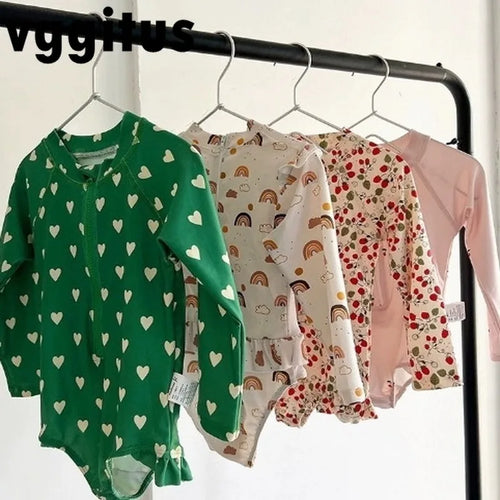 2026 New Girls' Long Sleeve Swimsuit Cute Print Round Neck Zipper One-Pieces Swimwear Child Fuffle Triangle Swimming Suit H042 - Sun Studio