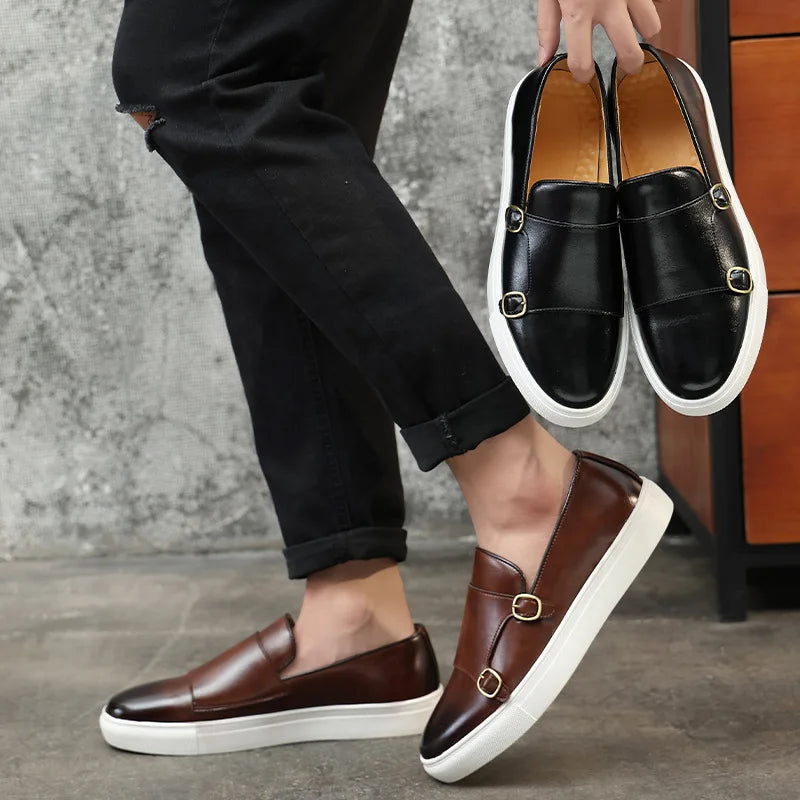 Fashion Man Casual Shoes Leather Men's Retro British Style Loafers Slip-on Outdoor Flats Double Monk Business Daily Shoe - Sun Studio