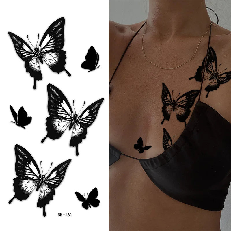 Black White Temporary Transfer Tattoos Floral Butterfly Lettering Line Art Waterproof Body Stickers for Music Festival Party