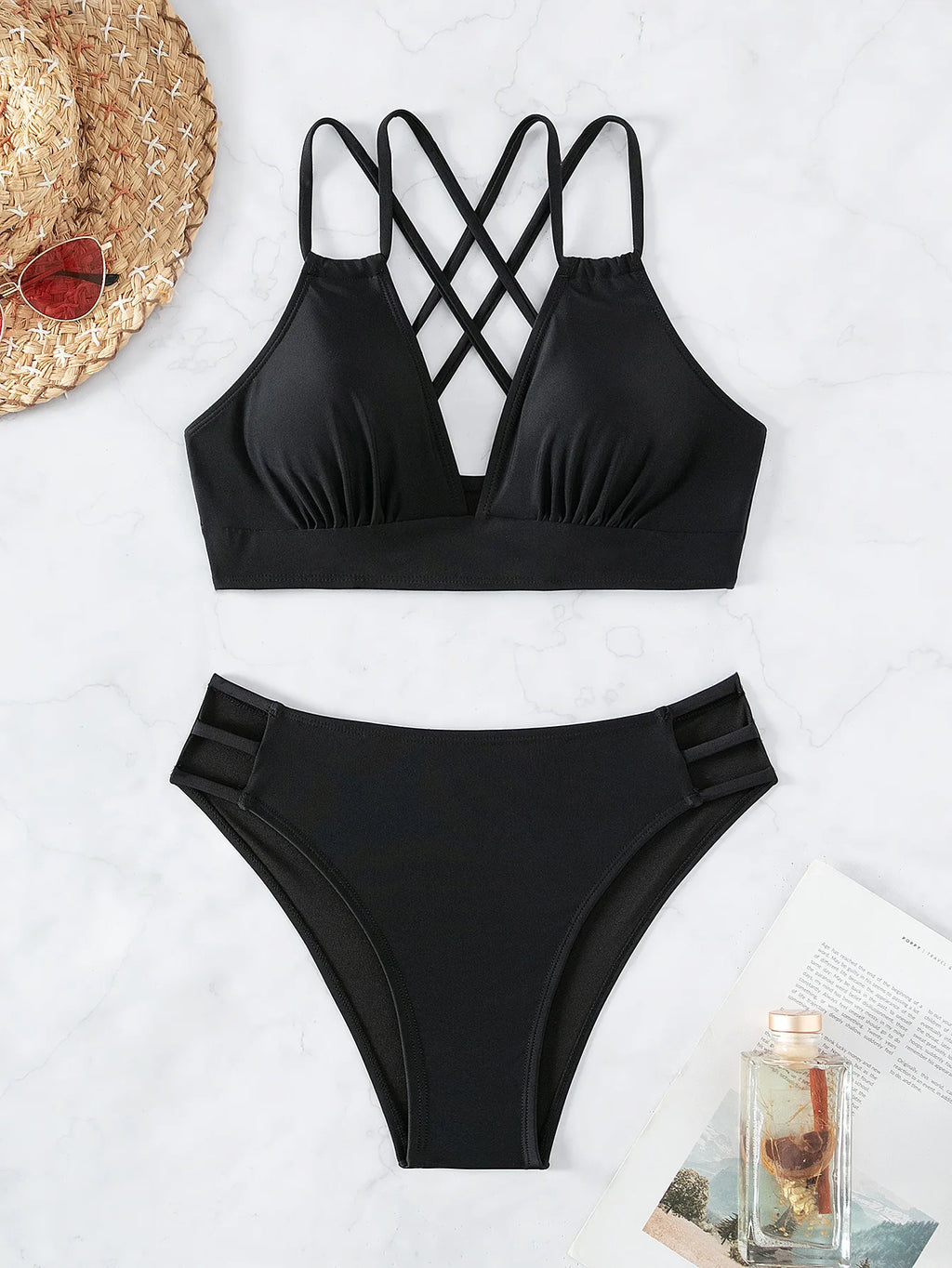 Solid Color Black Two Piece Swimsuit for Women Summer New High Waist Bikini Set Beach Vacation V-neck Backless Swimwear 2024 - Sun Studio
