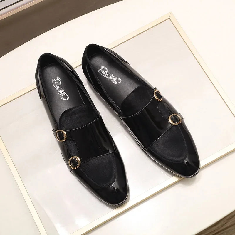 FELIX CHU Men's Patent Leather Monk Strap Dress Shoes Wedding Loafers Horse Hair Detail Casual Formal Party Gentlemen Footwear - Sun Studio