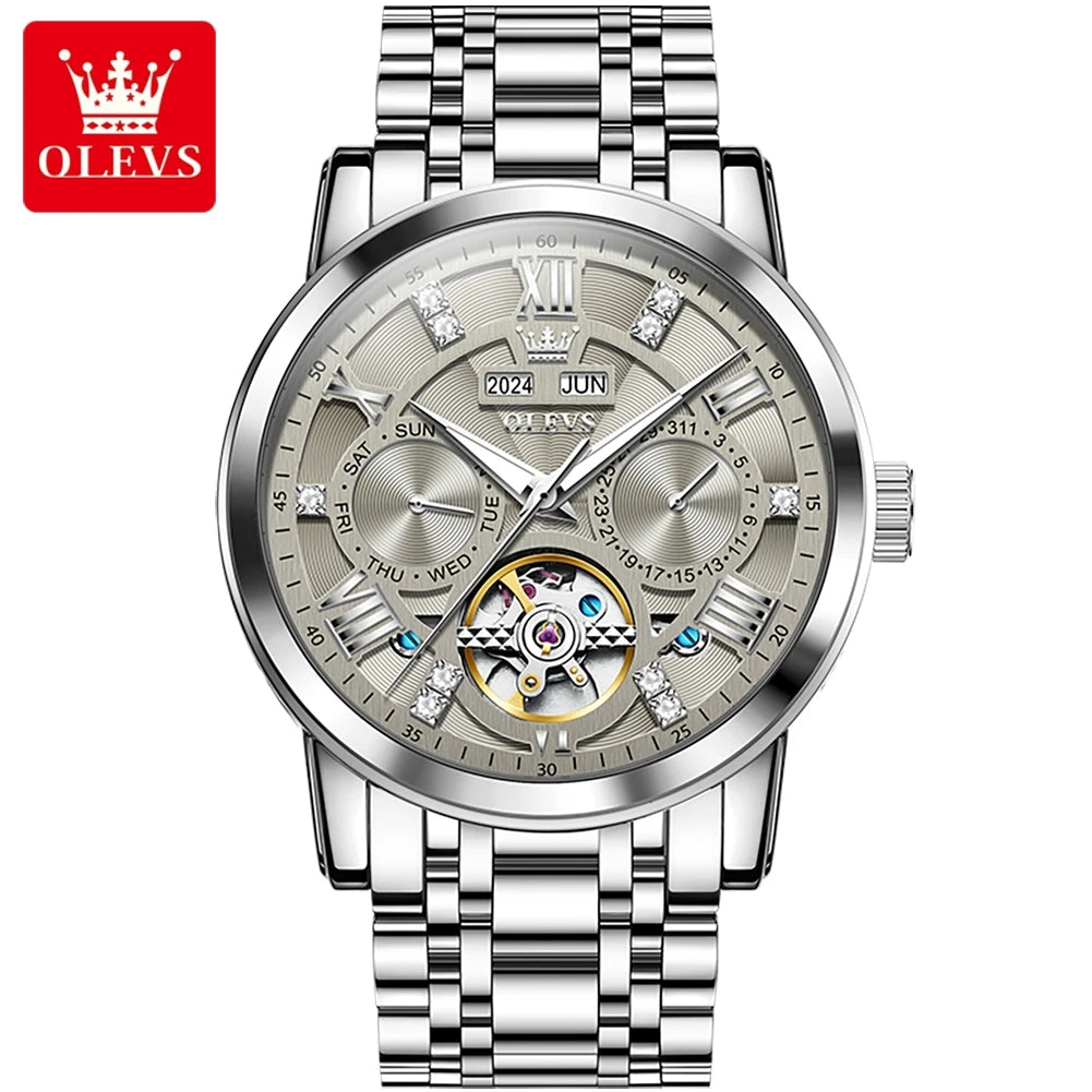 OLEVS 6701 Top Original Automatic Watch for Men Stainless Steel Hollow Skeleton Mechanical Watch Waterproof Business Wristwatch - Sun Studio