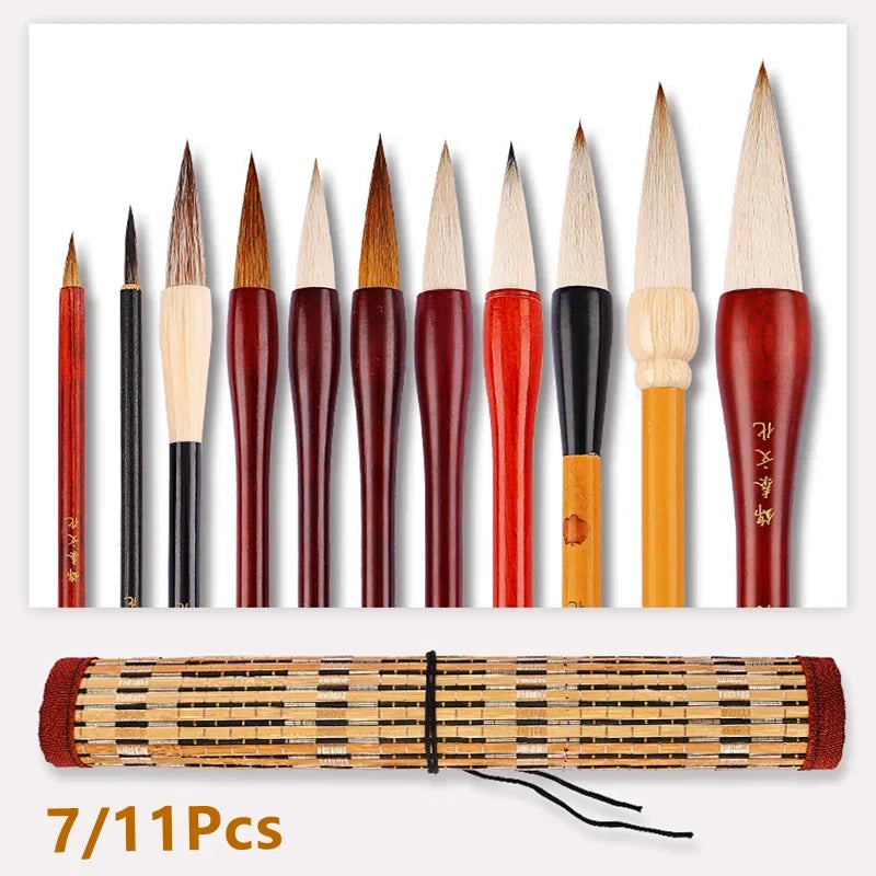 7/11Pcs Chinese Calligraphy Brush Set Kanji Japanese Sumi Painting Drawing Artist Writing Brushes With Roll-up Bamboo Pen Bag - Sun Studio