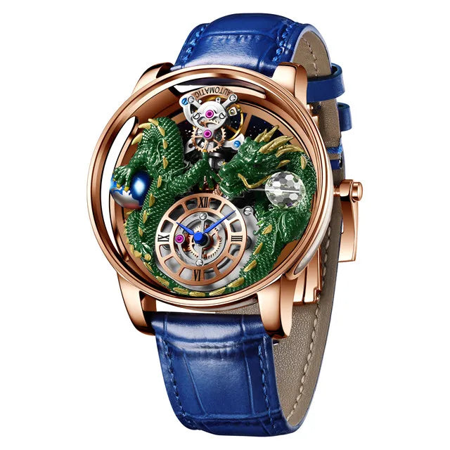 PINDU Design New 3D Dragon Earth Theme Quartz Watches Men Celestial Series Curved Mirror Transparent Design Watch Wristwatches - Sun Studio