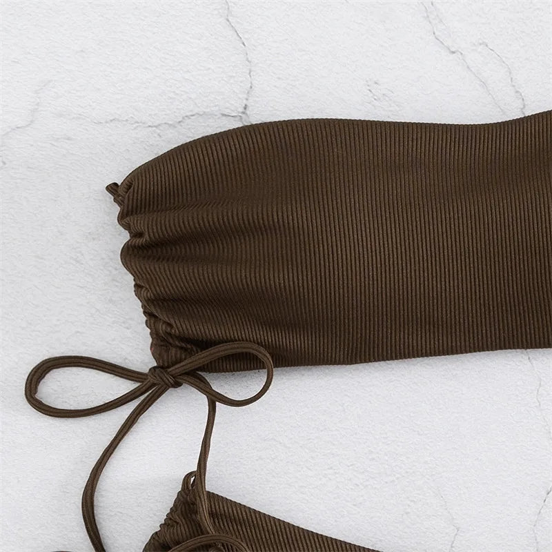 2025 Sexy Low Waist Swimwear New Solid Bandeau Bikini Set Women Push Up Drawstring Beachwear Swimsuit Backless bathing suit - Sun Studio