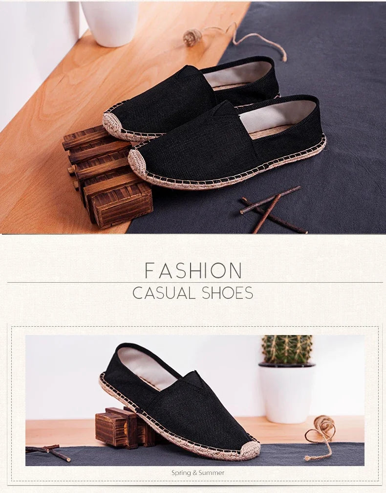Women Sewing Flax Shoes Slip on Loafers Casual Shoes Man Espadrilles Hemp Canvas Flat Shoes Plus Size Fisherman Driving Footwear - Sun Studio