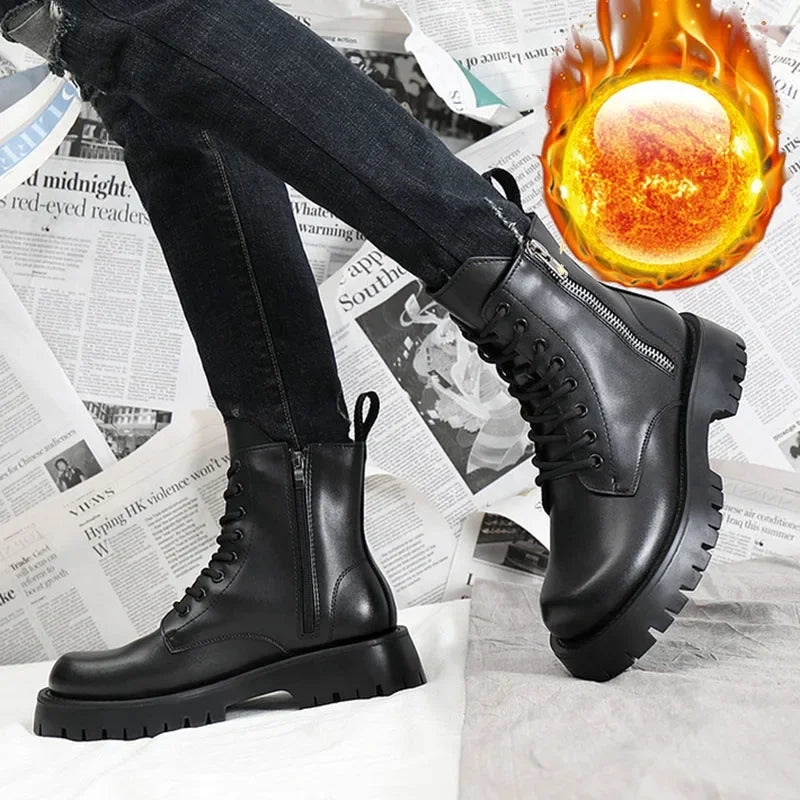 2025 Autumn Winter Shoes Men Leather Boots Thick Sole Non-slip Warm Plush Cold Winter Cow Leather Male Ankle Botas Black KA4867 - Sun Studio