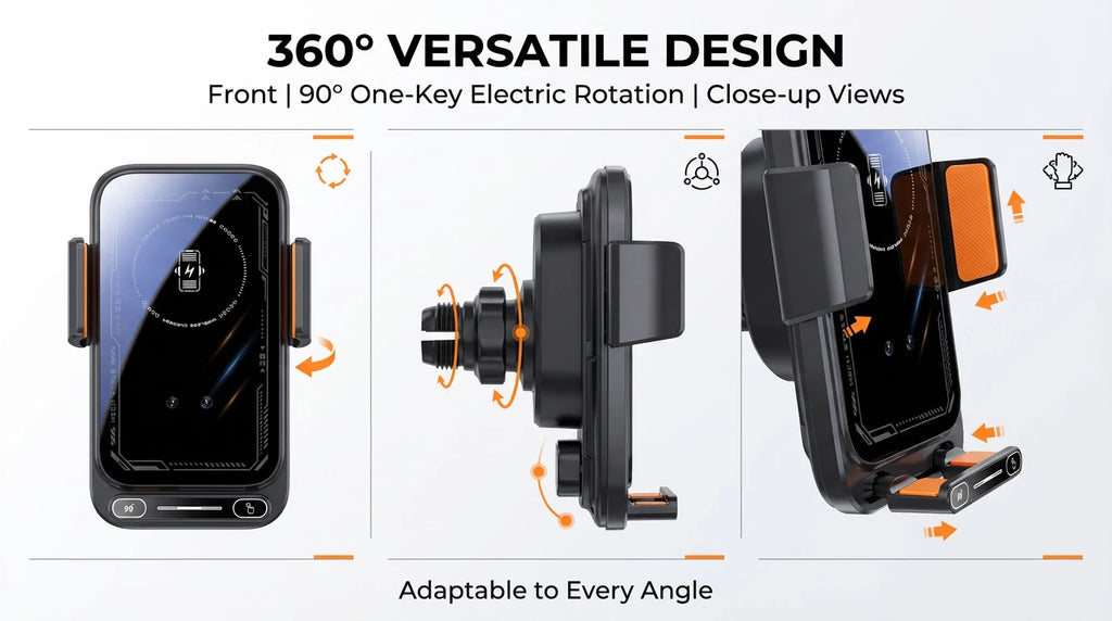 Car Phone Charger Phone Holder 15W Wireless & Wired Charger Auto Sensing One-Touch Release and Rotation Qi FCC ROHS Certified - Sun Studio