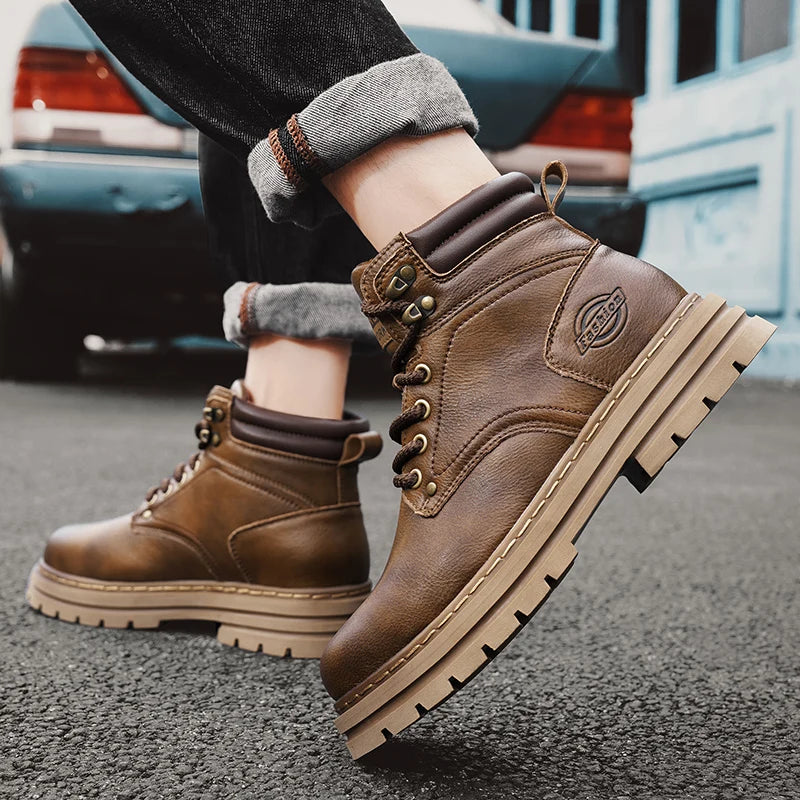 High Quality Leather Mens Boots New Arrival Male High Top Flats Comfortable Lace-Up Low Top Sneakers Stylish Male Ankle Boots - Sun Studio