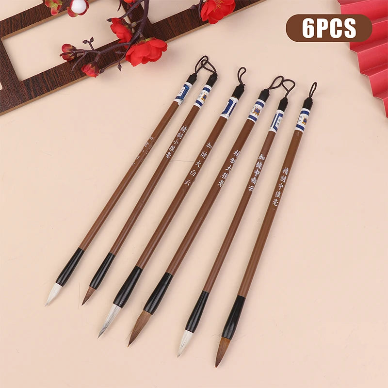 6Pcs Traditional Chinese White Clouds Bamboo Wolf's Hair Writing Brush For Calligraphy Painting Practice Brushes Writing Tools - Sun Studio