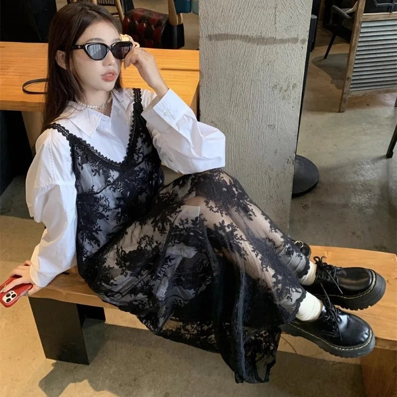 Solid Dresses Women Summer Girls Embroidery Lace Designed Korean Style Layering Streetwear Prevalent Attractive Leisure Trendy - Sun Studio