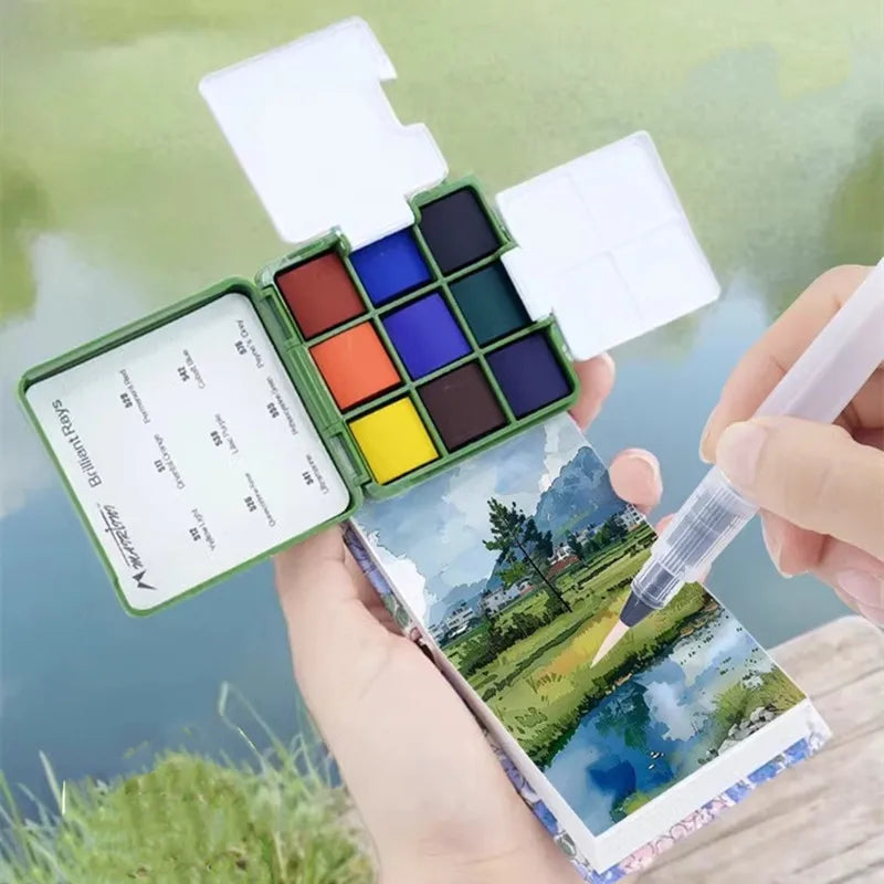 MAIRTINI Travel Watercolor Paint Set 9 Colors 100% Cotton Paper Mini Solid Water Color Paint With Palette Painting Supplies - Sun Studio