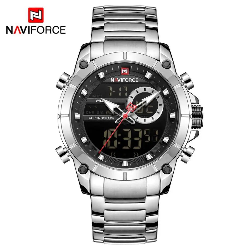 Luxury Brand NAVIFORCE Sport Watches For Men Fashion Gold Quartz WristWatch Steel Band Digital Chronograph Waterproof Clock 9163 - Sun Studio