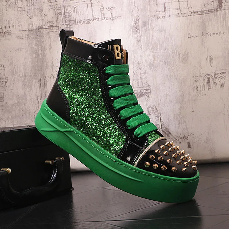 Winter High Tops For Men Rivet Sequin Everyday All Match Patent Leather Casual Shoes Male Flats Loafers Sports Walking Sneakers - Sun Studio