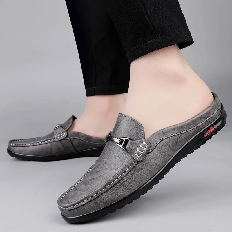 Luxury Men Genuine Leather Shoes Casual Business Men Slip-on Shoe All-Match Half Slippers Loafers Summer Handmade Flats Slippers - Sun Studio