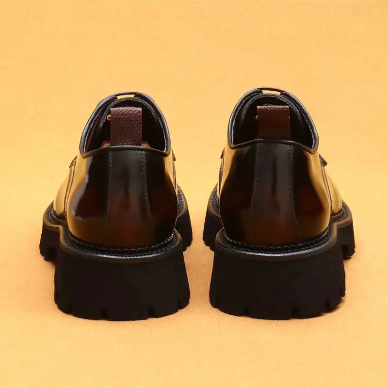 designer men's leather shoes with thick soles round toe glossy leather business dress shoes Waxed cowhide lace up British shoes - Sun Studio