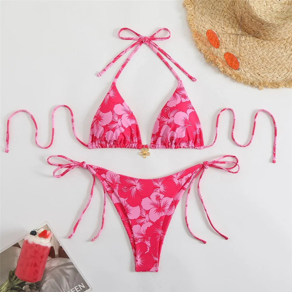 Blue Floral Print Swimwear Halter String Triangle Bikini Micro Mini Thong Sexy Swimsuit Women 2026 Bather Biquinis Bikinis Sets - Sun Studio
