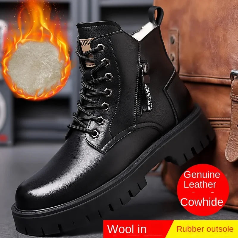 Autumn winter classic warm snow boots men's thick soles non-slip work boots men's outdoor casual shoes big head leather shoes - Sun Studio