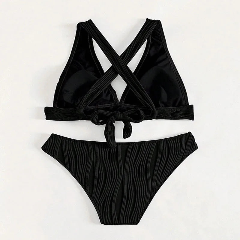 2026 New Crinkled Bikini Sets Women Solid Color Deep V-Neck Beach Wear Swimwear Holiday Backless Bandage Swimsuit Two-Pieces - Sun Studio
