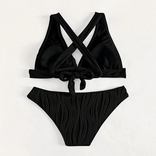 2026 New Crinkled Bikini Sets Women Solid Color Deep V-Neck Beach Wear Swimwear Holiday Backless Bandage Swimsuit Two-Pieces - Sun Studio